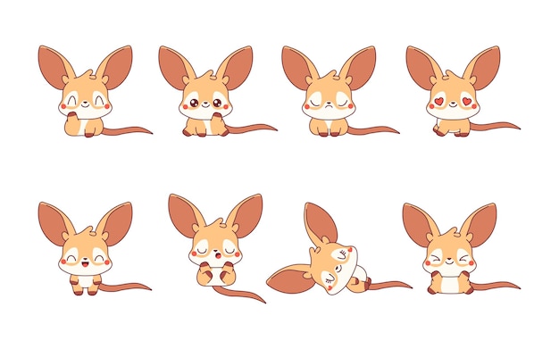 Vector set of kawaii isolated kangaroo collection of vector cartoon marsupial animal illustrations for