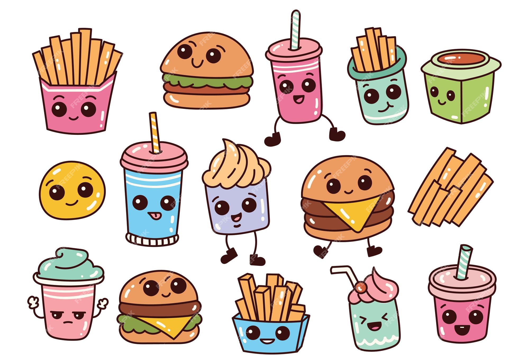 Premium Vector | Set of kawaii junk food and drinks in kawaii cartoon ...