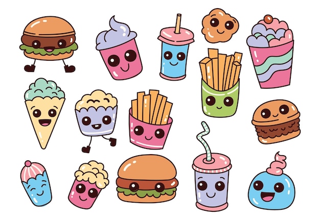 design cute kawaii cartoon food, drink and doodles