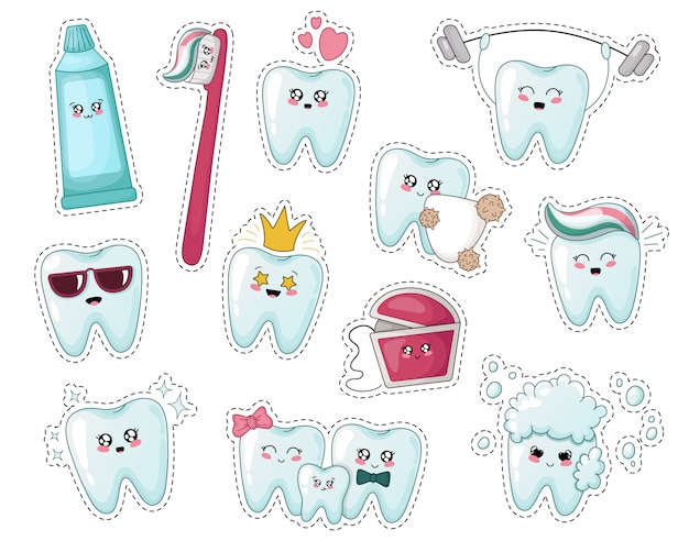 Set of kawaii kids stickers with tooth, toothpaste, toothbrush 