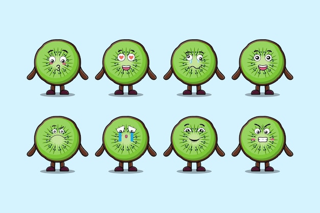 Impostare il personaggio dei cartoni animati di frutta kiwi kawaii con diverse espressioni cartoni animati faccia illustrazioni vettoriali