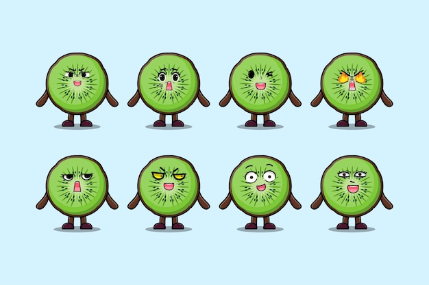 Set kawaii Kiwi fruit cartoon character with different expressions cartoon face vector illustrations