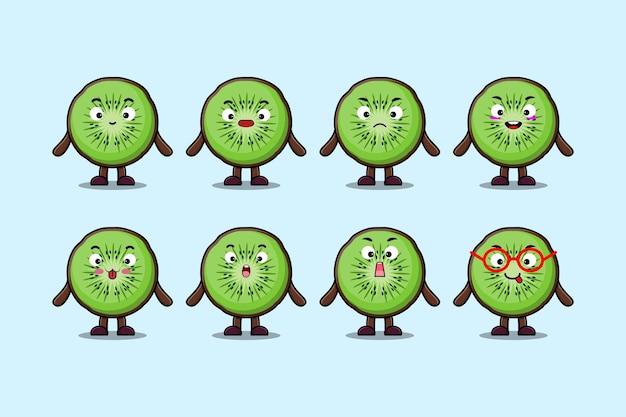 Set kawaii Kiwi fruit cartoon character with different expressions cartoon face vector illustrations