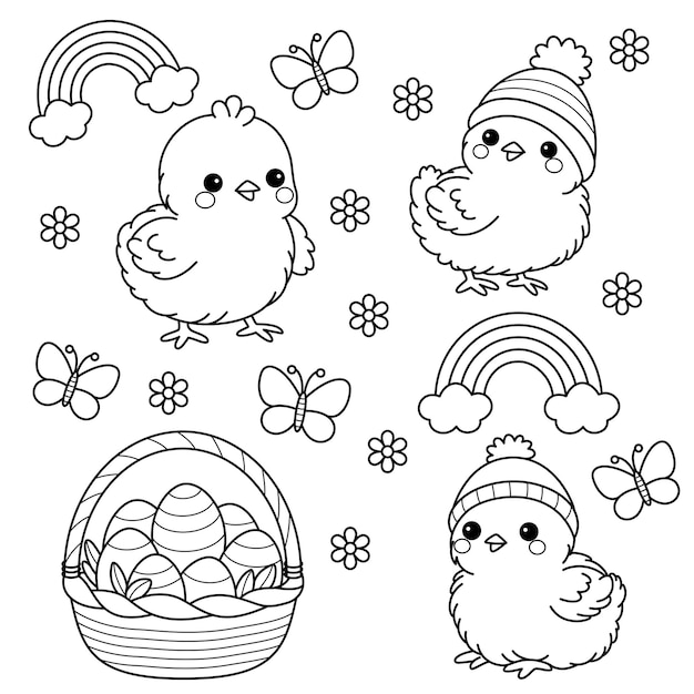 Vector set of kawaii little chicks basket of eater eggs and rainbow coloring page easter colouring book