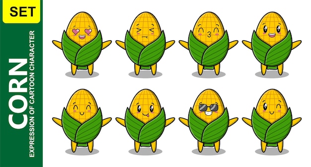 Set kawaii maïs stripfiguur met verschillende uitdrukkingen van cartoon gezicht vectorillustraties