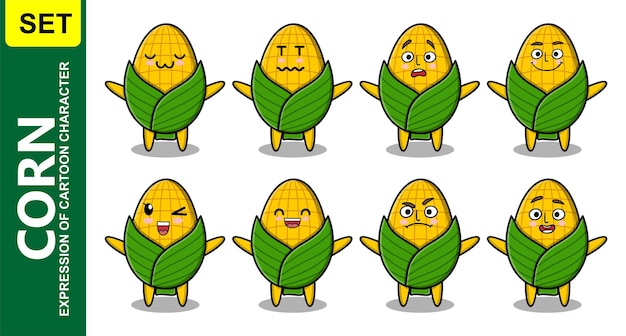 Set kawaii maïs stripfiguur met verschillende uitdrukkingen van cartoon gezicht vectorillustraties