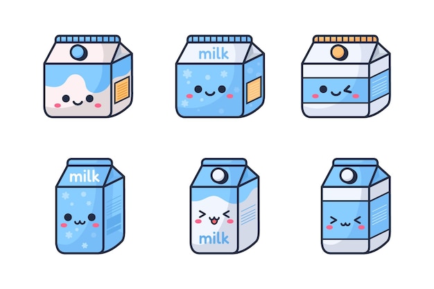 set of kawaii milk box illustration
