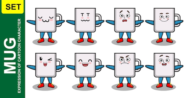 귀여운 찻잔 커피 차 만화 만화 얼굴 벡터 일러스트 세트의 다른 표정을 설정