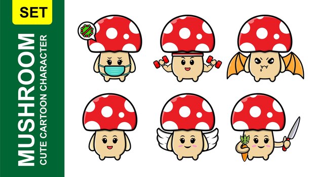 Vector set kawaii mushroom cartoon with different face expressions of cartoon face vector illustrations