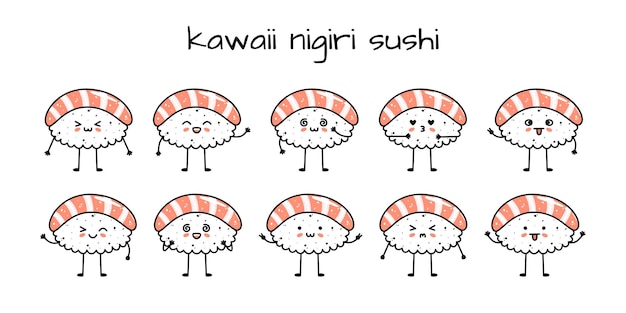 Set of kawaii nigiri sushi mascots in cartoon style