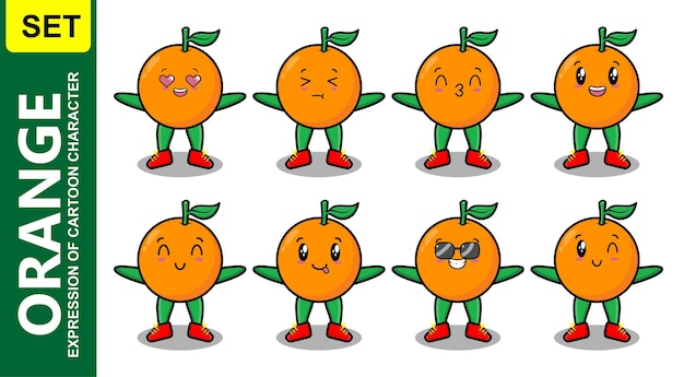 Set kawaii orange cartoon different expressions of cartoon face vector illustrations