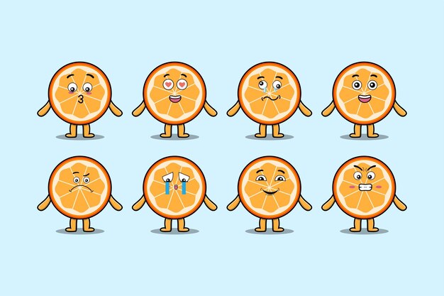 Set kawaii orange fruit cartoon with expressions