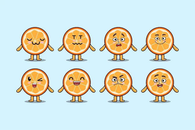 Set kawaii orange fruit cartoon with expressions