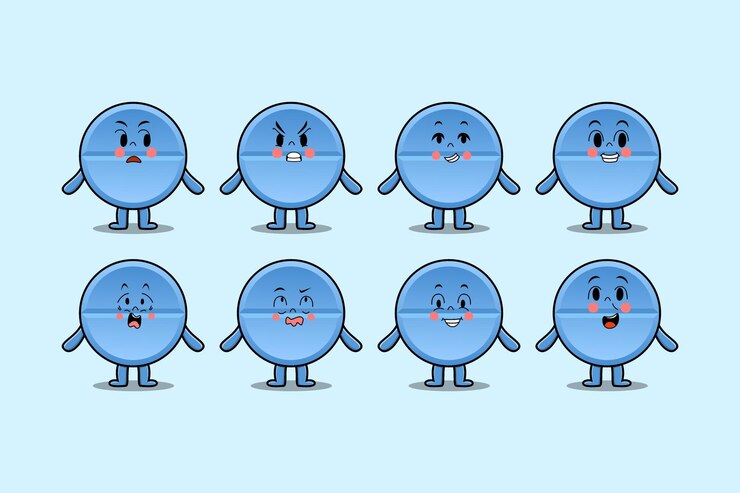 Vector set kawaii pill medicine cartoon character with different expressions of cartoon face illustrations