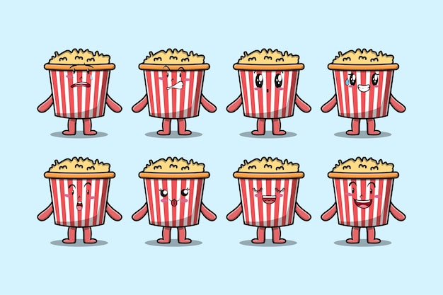 Набор персонажей мультфильма "Кавайи Попкорн" с различными выражениями мультяшных векторных иллюстраций лица