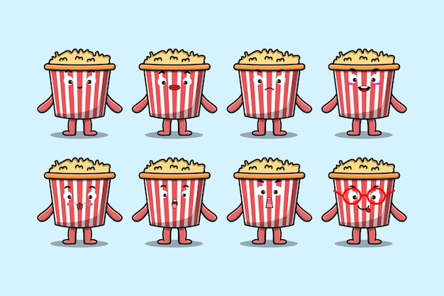 Set kawaii Popcorn stripfiguur met verschillende uitdrukkingen cartoon gezicht vectorillustraties