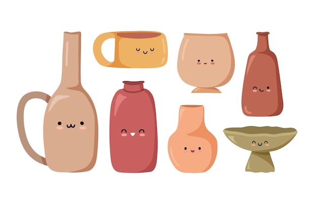 Set of kawaii pottery objects cute ceramic crockery vector collection