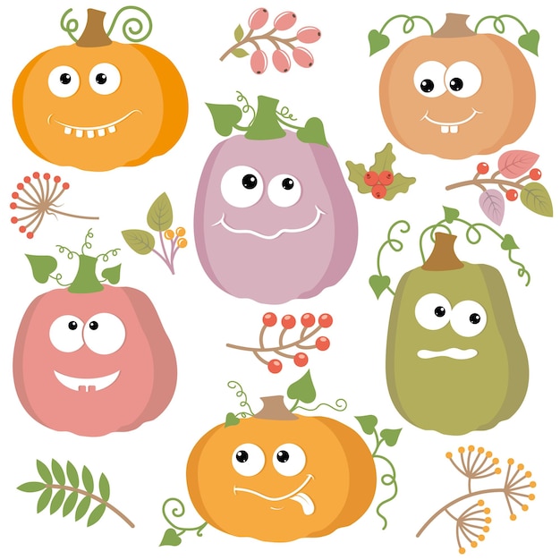 A set of kawaii pumpkins and autumn plants with berries vector isolated cartoonstyle illustration