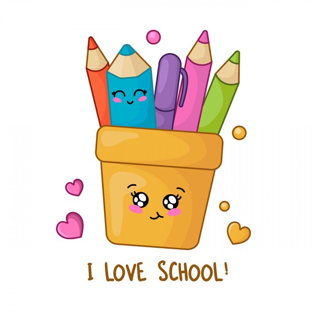 Set Di Materiale Scolastico Kawaii Torna Al Concetto Di Scuola Vettore Premium
