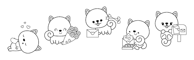 Set di kawaii shiba inu cane da colorare pagina illustrazioni raccolta di simpatici contorni di cuccioli vettoriali