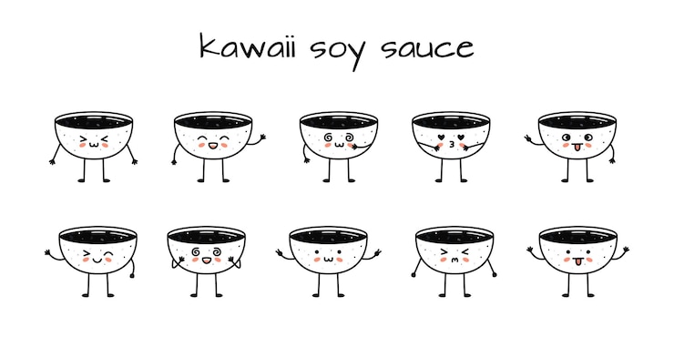 Vector set of kawaii soy sauce bowl sushi mascots in cartoon style