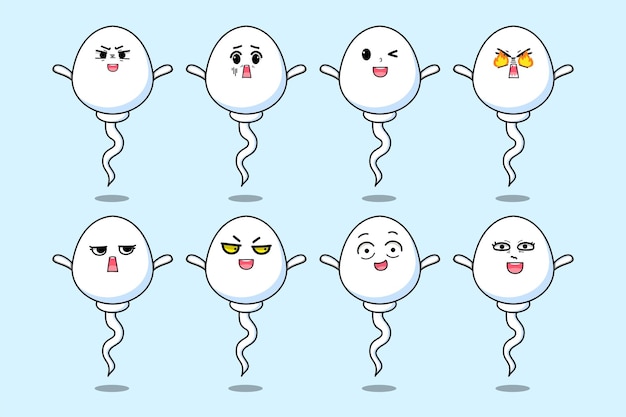 Вектор Установите персонажа мультфильма о сперме каваи с различными выражениями векторных иллюстраций лица мультфильма