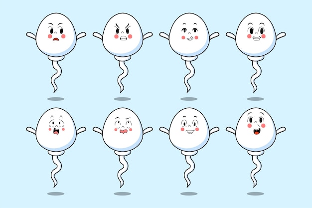 Set kawaii sperma stripfiguur met verschillende uitdrukkingen van cartoon gezicht vectorillustraties