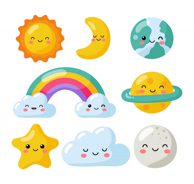 Vector set of kawaii stars, moon, sun, rainbow and clouds isolated on white background. baby cute pastel colors.