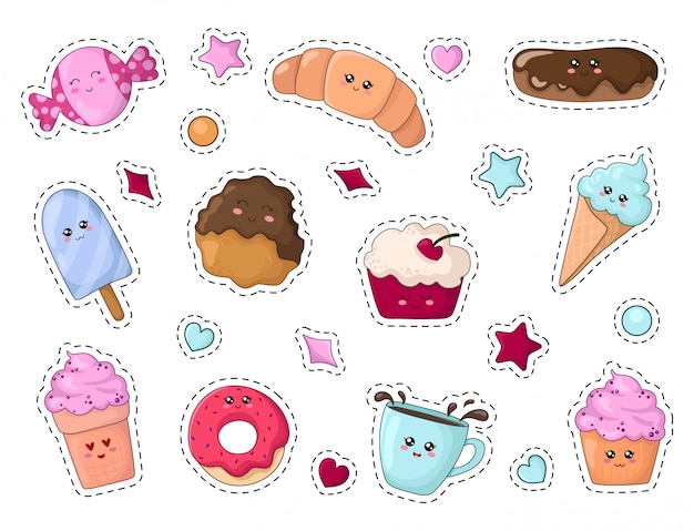 Set of kawaii sticker or patch with cartoon food