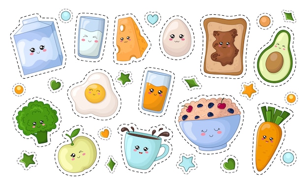 Set of kawaii stickers with diet food