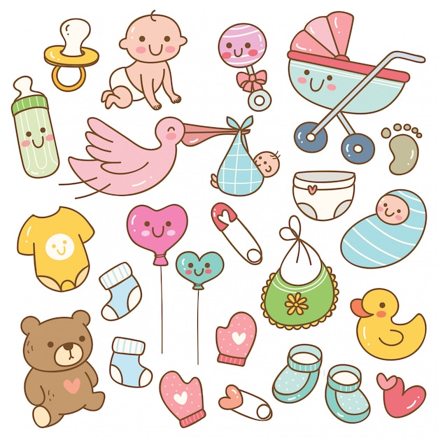 Vector set of kawaii style baby toys and accessories