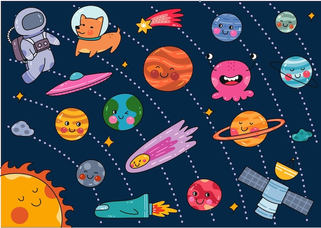 Set of kawaii style space doodle