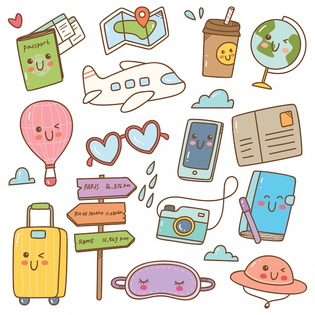 Set of kawaii style travel