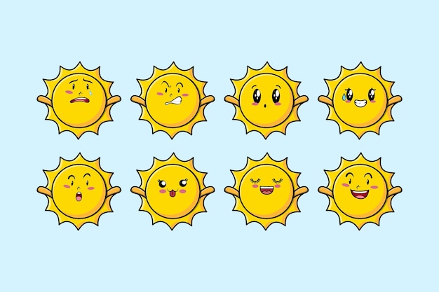 Vector set kawaii sun cartoon with different expressions