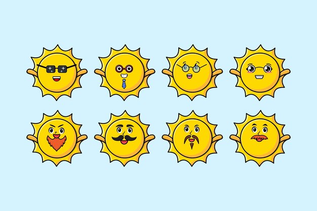 다른 표정으로 귀여운 태양 만화를 설정