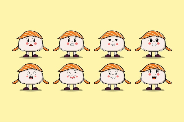 Vector set kawaii sushi cartoon character expressions