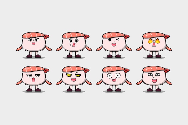 Set kawaii Sushi garnalen stripfiguur met verschillende uitdrukkingen cartoon gezicht illustratie