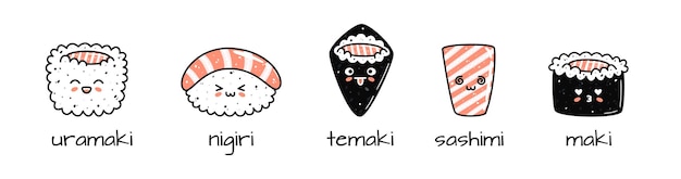 Set of kawaii sushi mascots in cartoon style Different types of sushi