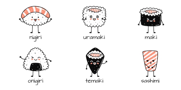 Set di mascotte di sushi kawaii in stile cartone animato diversi tipi di sushi