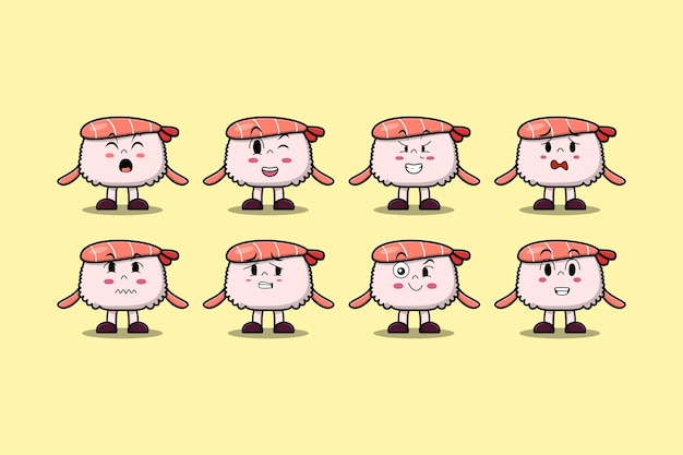 Impostare il personaggio dei cartoni animati di gamberi sushi kawaii con diverse espressioni faccia del fumetto