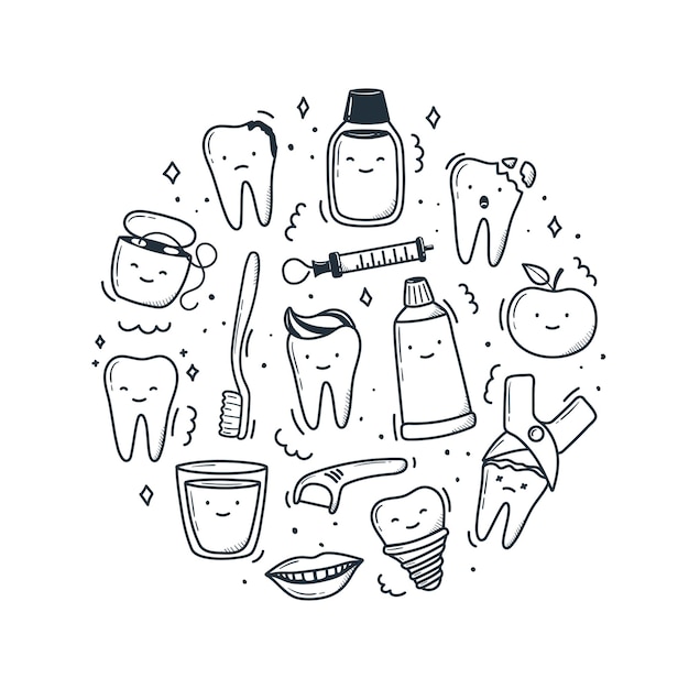 Set di denti kawaii disegnati a mano in stile doodle illustrazioni semplici lineari carine