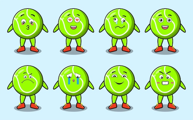 Установите кавайский теннисный мяч мультипликационный персонаж с различными выражениями мультяшного вектора лица