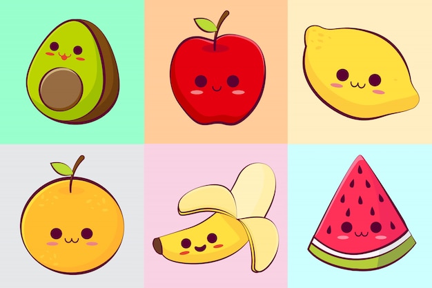 Set of kawaii tropical fruit