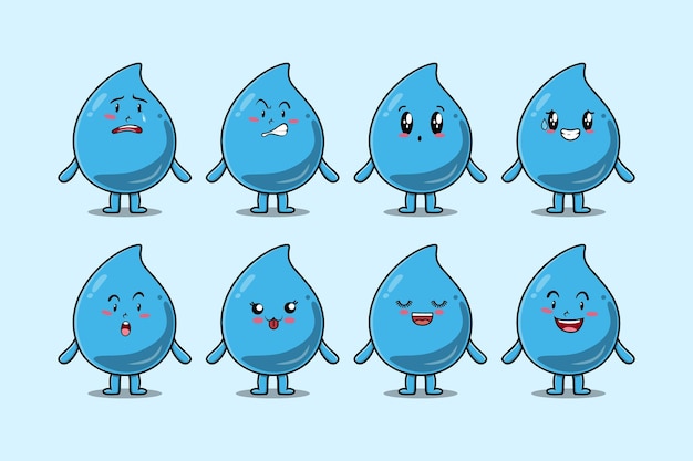 Set kawaii water drop cartoon character with different expressions cartoon face vector illustrations