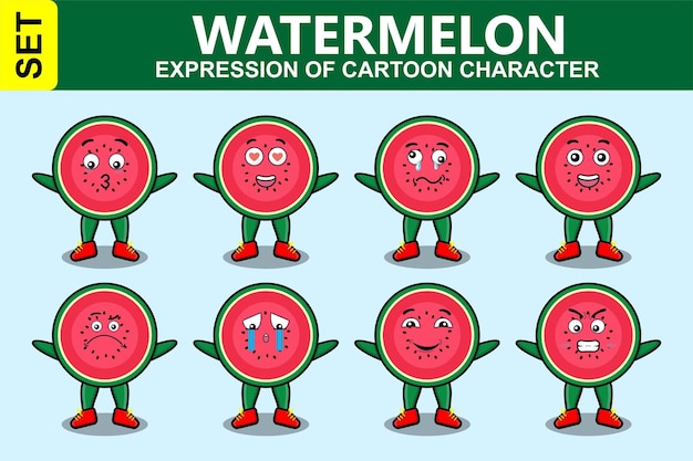 Set kawaii watermelon cartoon character different expressions of cartoon face vector illustrations