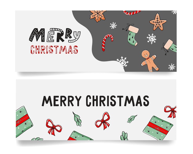 Set kerst horizontale webbanners met handgetekende candysweets geschenken en belettering Vector illustratie