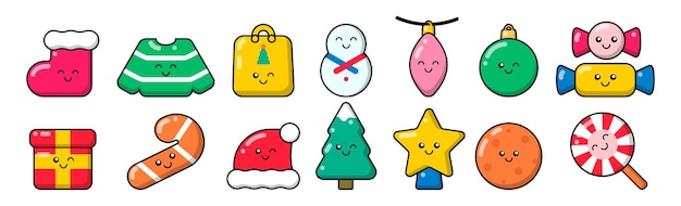 Set kerst stripfiguren in kawaii stijl. Vector schattige platte doodles, Nieuwjaar 2023.
