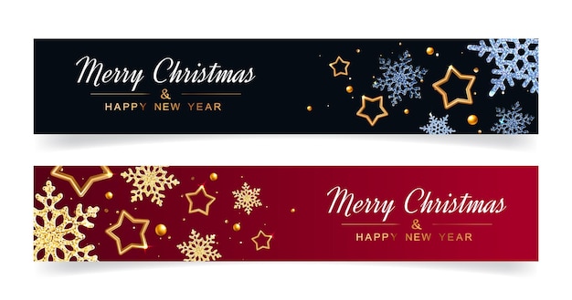 Set kerstbanners met gouden sterren en sneeuwvlokken