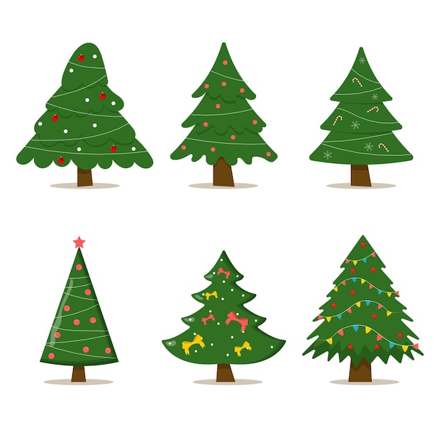 Set kerstbomen met boombal en boomspeelgoed. Platte vectorillustratie.