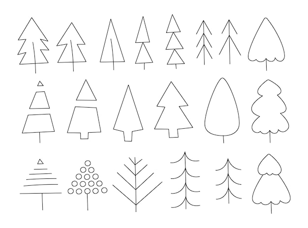 Set kerstbomen van verschillende vormen Doodle vector zwart-wit clipart illustratie